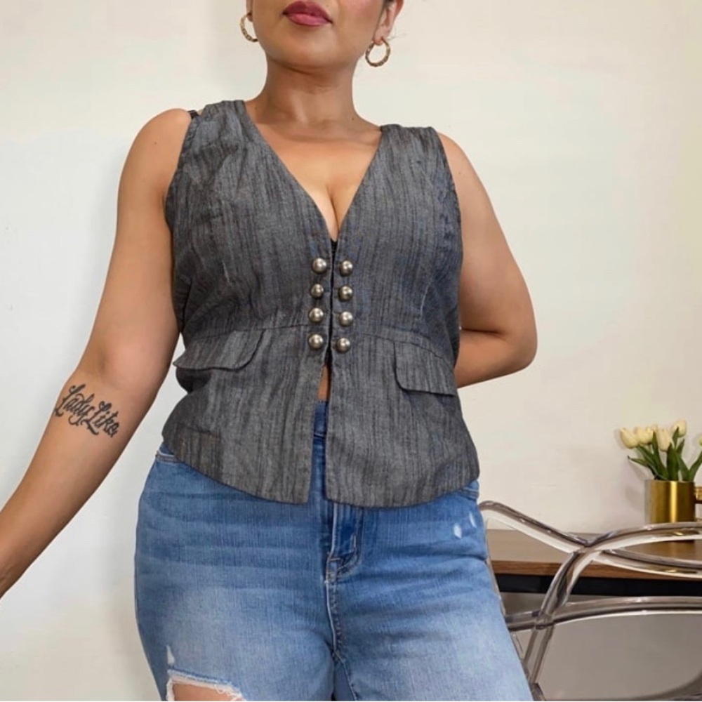 Dori Vintage Women’s 2XL Gray V Neck Hook Closure Sleeveless Western Vest